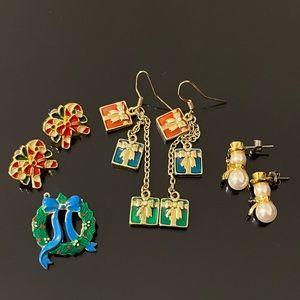 Christmas Holiday Season Earrings Bundle of Three Sets with Wreath Brooch Pin